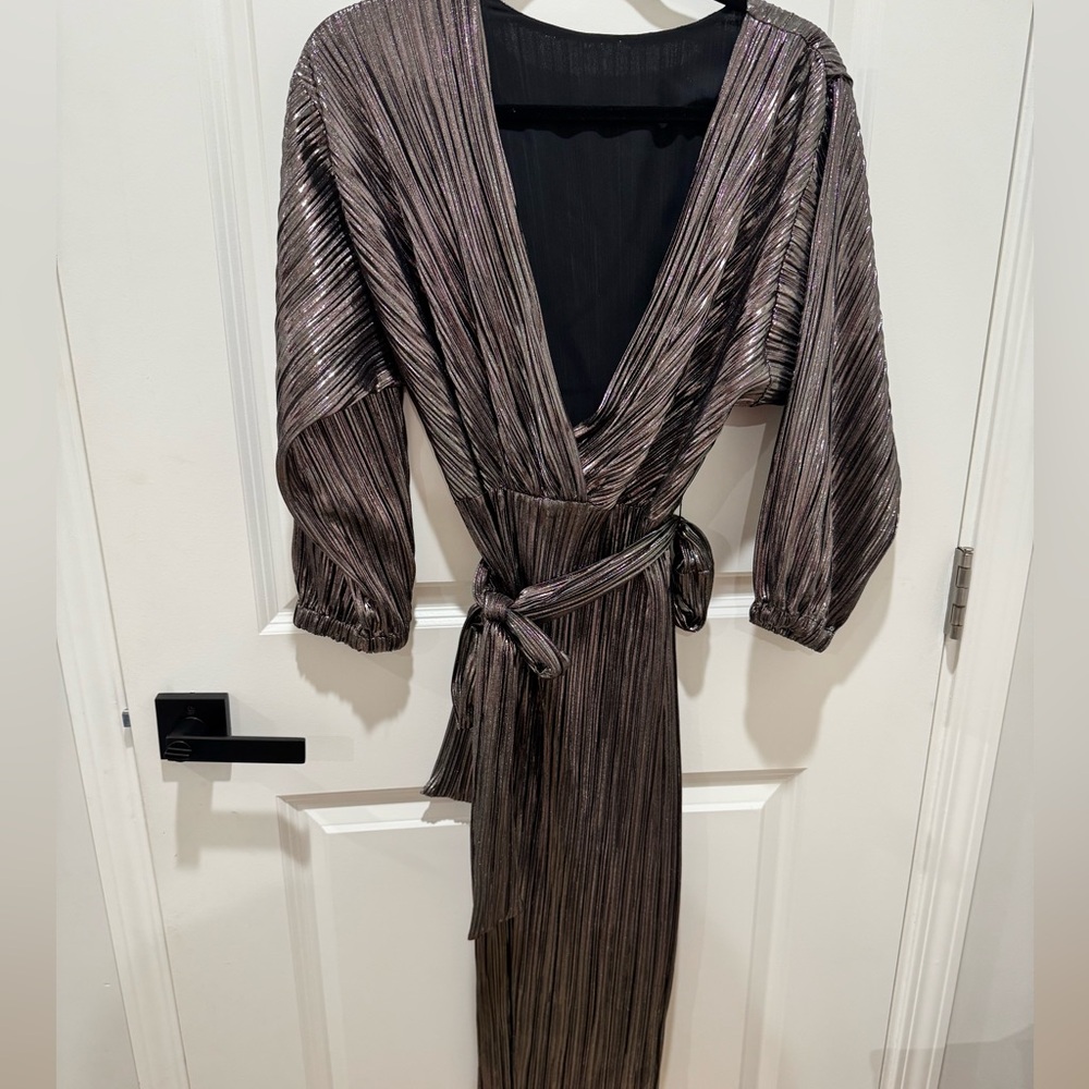 NWT ZARA Pleated Silver Plunge Belted Ultra Glam Party Dress